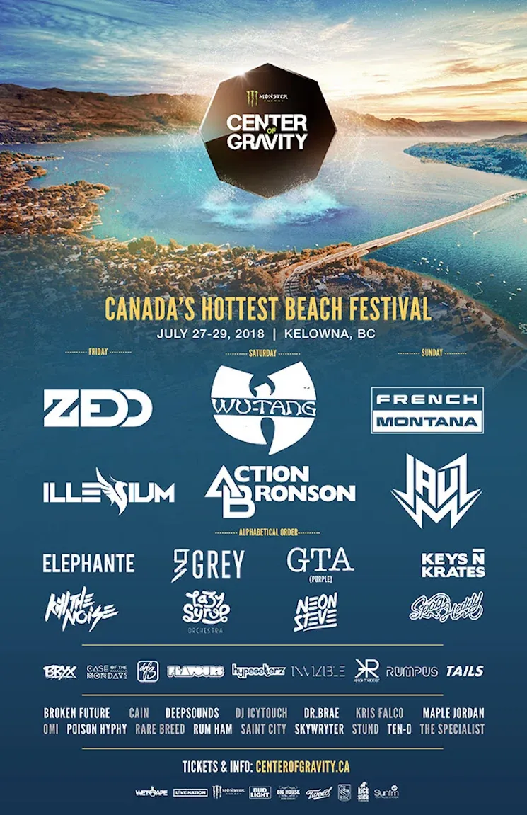Center of Gravity 2018 festival lineup poster featuring Kris Falco, Kelowna
