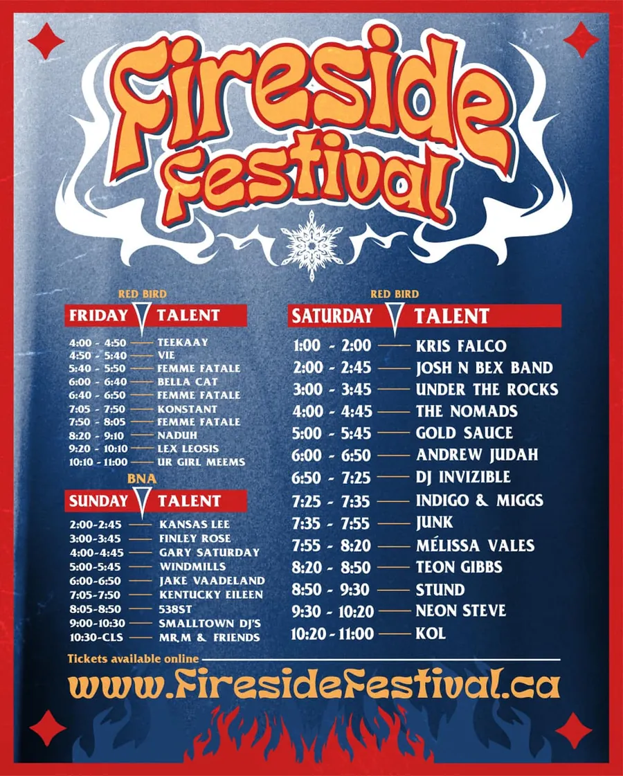 Fireside Festival talent schedule poster featuring Kris Falco