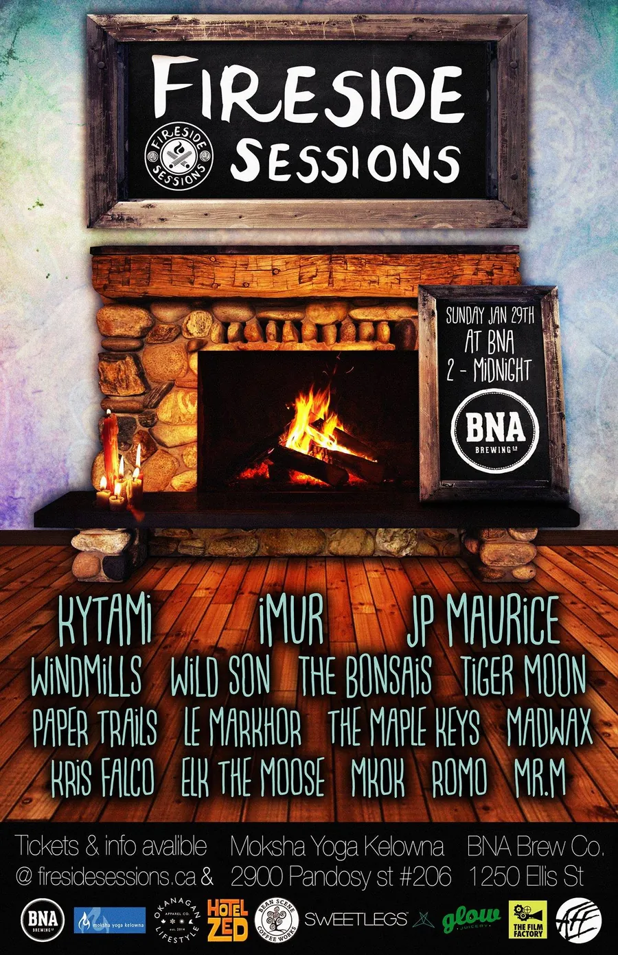 Fireside Sessions poster listing Kris Falco among local artists