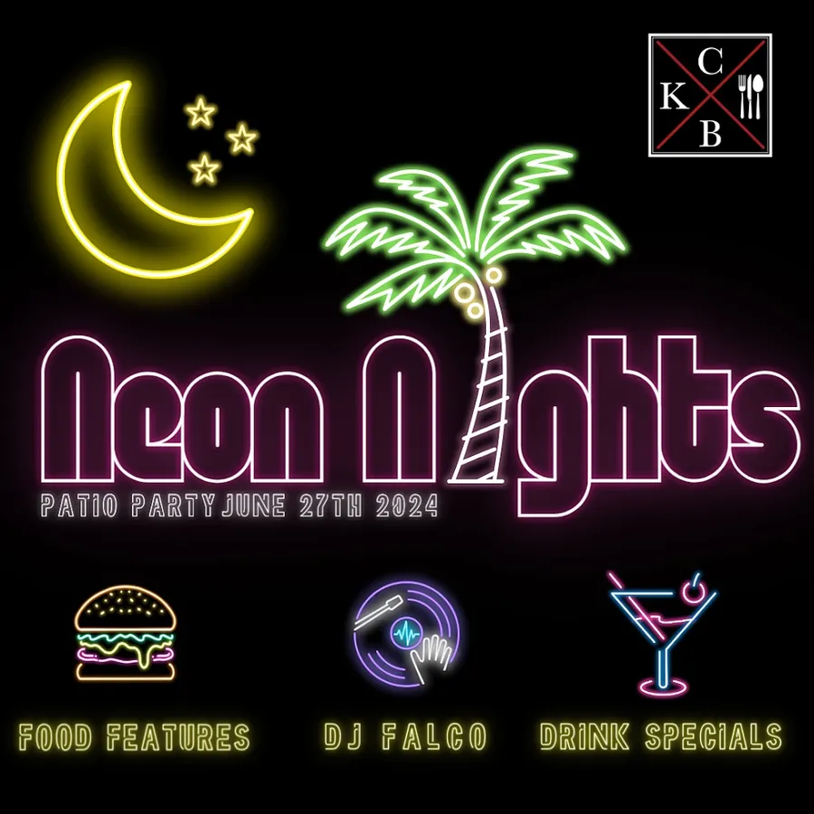 Neon Nights patio party poster at Central Kitchen + Bar with DJ Falco, June 2024