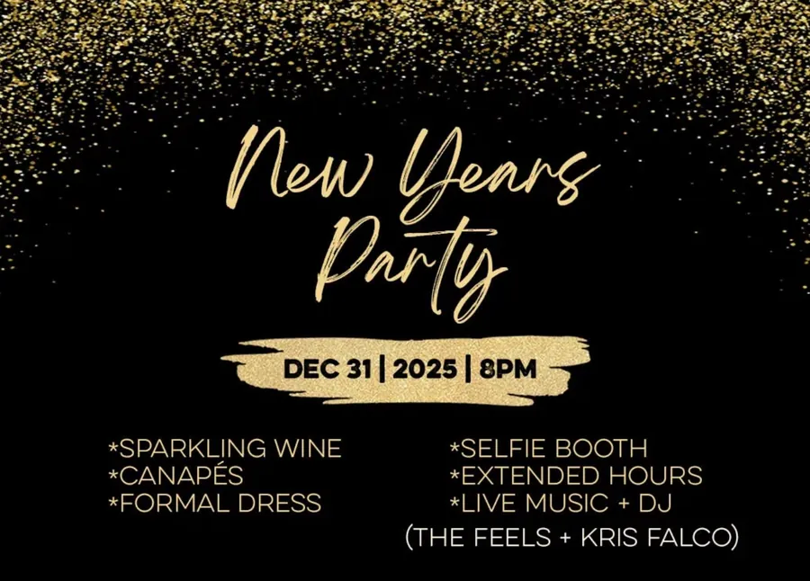 New Year's Party poster, December 31 2025, live music and DJ with The Feels and Kris Falco