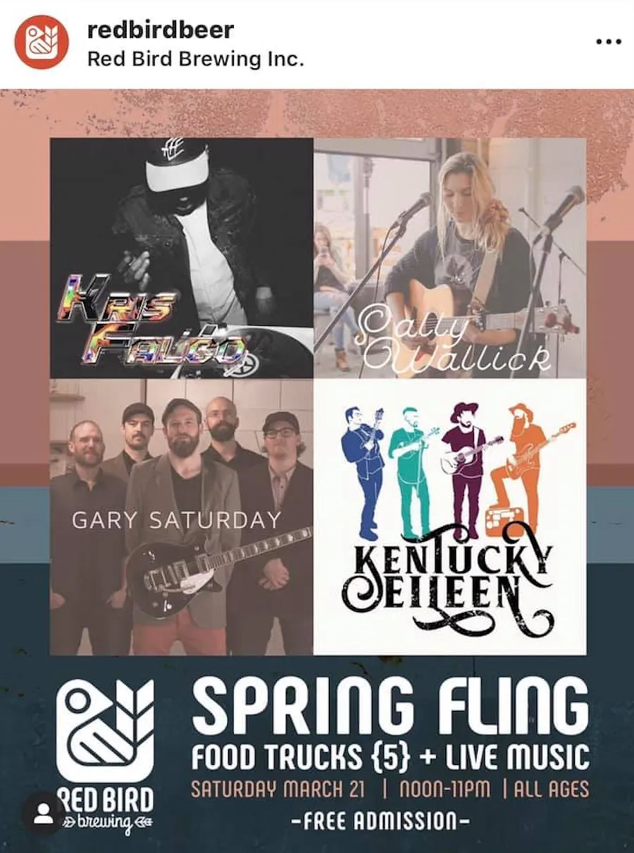 Red Bird Brewing Spring Fling event poster with Kris Falco