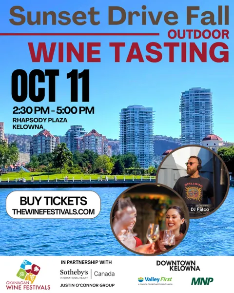 Sunset Drive Fall Outdoor Wine Tasting poster with DJ Kris Falco, Rhapsody Plaza Kelowna